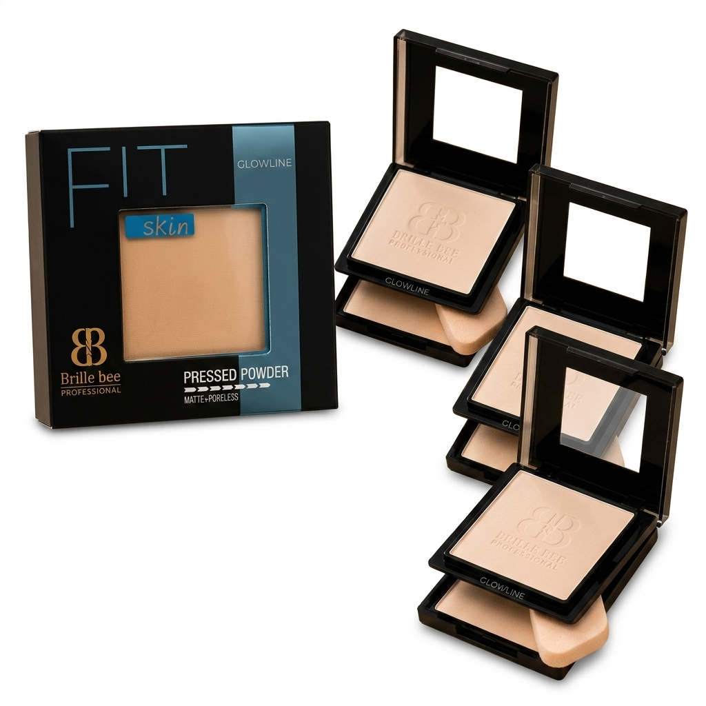 Brille Bee FIT Skin Glowline Pressed Powder - Matte + Poreless Compact Powder with Sponge for Oil Control & Long Lasting Makeup Finish (Natural Beige)