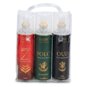 LOGON No Gas Fabric Perfume Combo Pack – Long Lasting Polo, Oud & Dawnse-T Z Apparel Deodorant Spray for Men & Women (3 x 120ml)