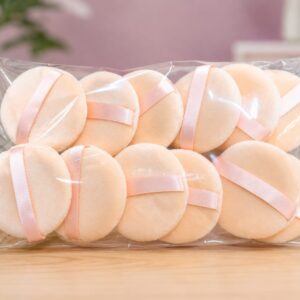 Round Powder Puff Set for Face Makeup (Pack of 12) – Soft Velvet Cosmetic Powder Sponge with Ribbon Strap