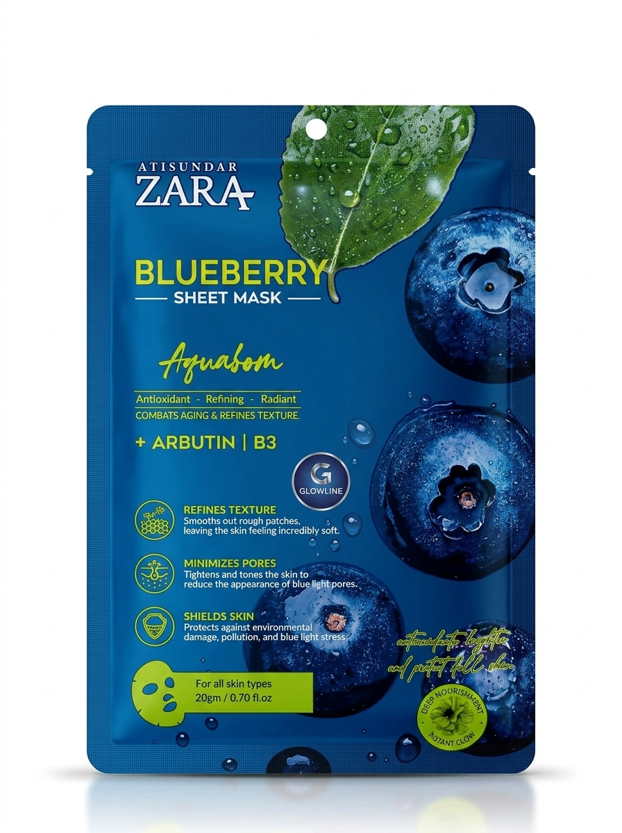 ATISUNDAR ZARA Blueberry Sheet Mask + Arbutin B3 - Hydrating Face Sheet Mask for Soft, Fresh & Radiant-Looking Skin - Skin Care - 20 g