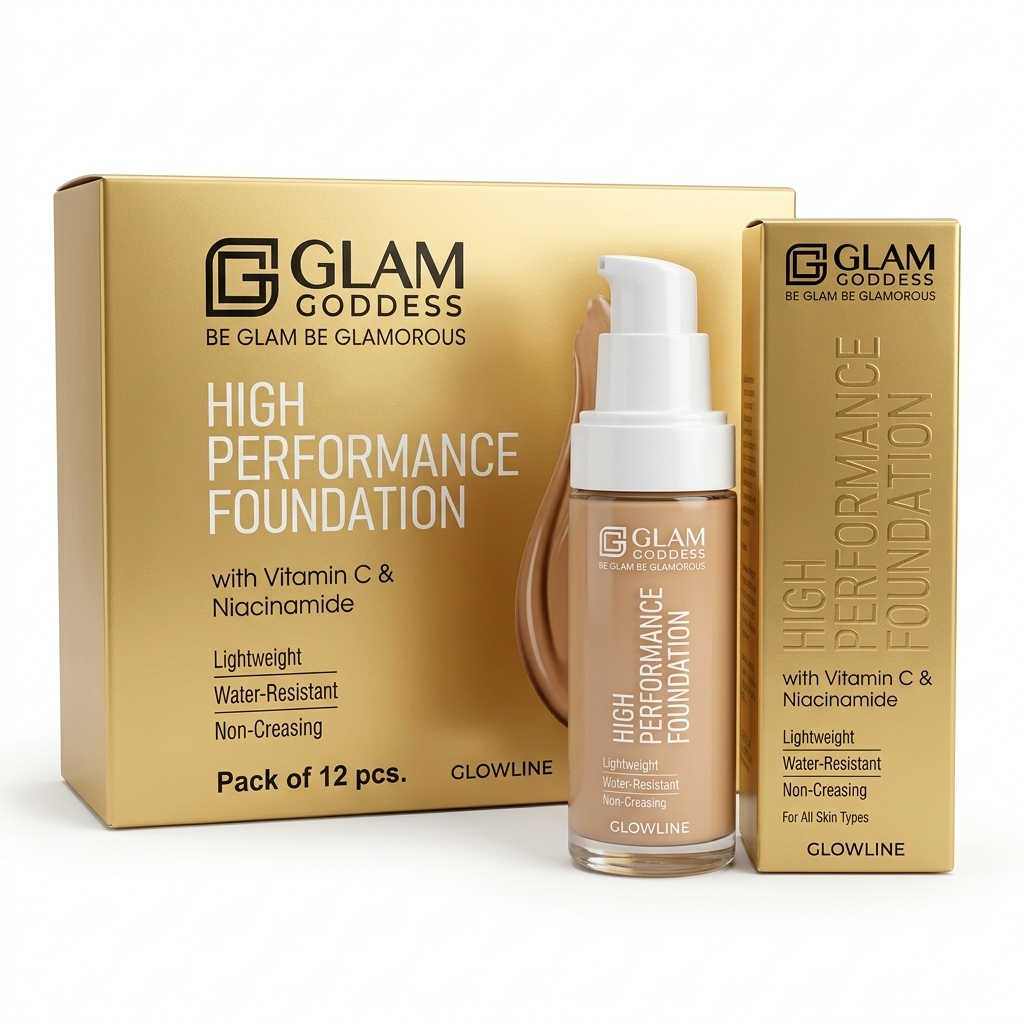 GLAM GODDESS High Performance Liquid Foundation Combo - Vitamin C & Niacinamide Water-Resistant Full Coverage Makeup Base Box for Parlours & Resellers (Pack of 1)