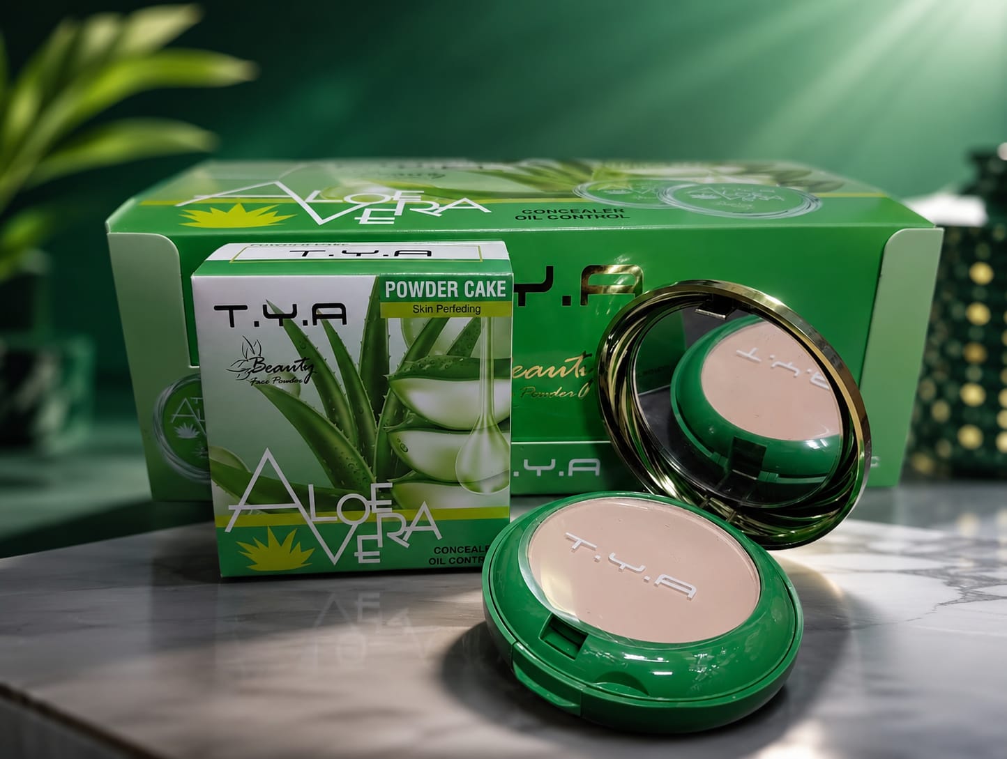 Oil Control Compact Powder T.Y.A Aloe Vera Beauty Powder Cake, Skin Perfecting Matte Face Powder for Girls