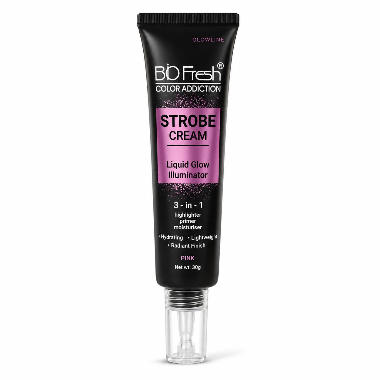 BIO Fresh Glowline Color Addiction Strobe Cream - 3-in-1 Liquid Glow Illuminator, Highlighter, Primer & Moisturiser - Pink - 30g