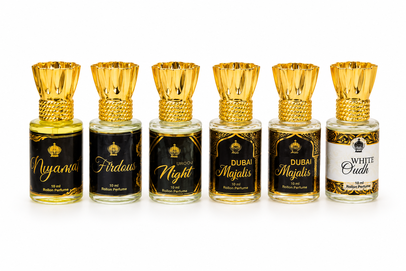 Assorted Roll-On Attar Perfume Set - Pack of 6 Long Lasting Fragrances (Niyamat, Firdous, Night, Dubai Majalis, White Oudh) - 6 x 10ml