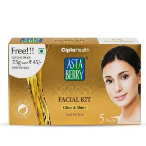 Astaberry Gold Facial Kit for Glow & Shine (5 Steps) with Free Gold Bleach 7.5g – Salon Like Instant Brightening & Glowing Skin Facial Box for All Skin Types