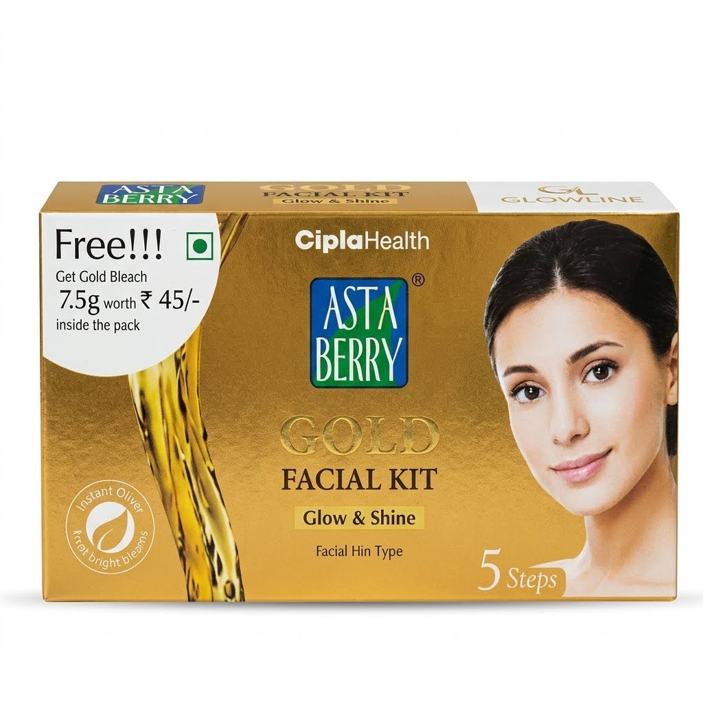 Astaberry Gold Facial Kit for Glow & Shine (5 Steps) with Free Gold Bleach 7.5g - Salon Like Instant Brightening & Glowing Skin Facial Box for All Skin Types