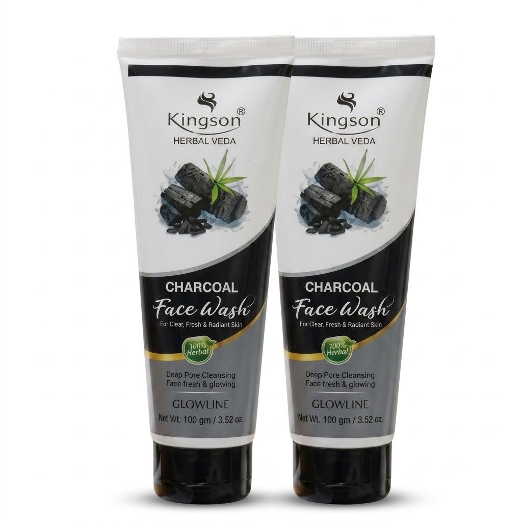 Kingson Herbal Veda Charcoal Face Wash for Deep Pore Cleansing (100g - Pack of 2) - GLOWLINE 100% Herbal Activated Charcoal Oil Control Face Cleanser for Clear & Glowing Skin
