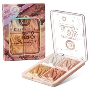 KISS PRETTY Soft & Face Beauty Fashion Highlighter Kit – 4 Color Shimmer Face Shimmer Palette for Radiant Glow – Long Lasting Metallic Illuminator Makeup Box for Women & Girls