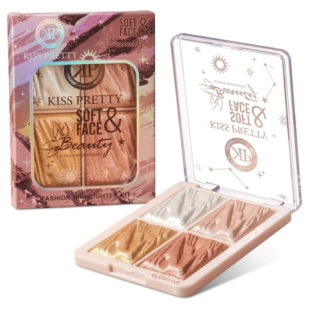 KISS PRETTY Soft & Face Beauty Fashion Highlighter Kit - 4 Color Shimmer Face Shimmer Palette for Radiant Glow - Long Lasting Metallic Illuminator Makeup Box for Women & Girls